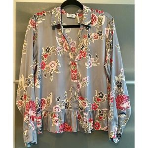Josie Natori Floral Peplum Robins Blue Multicolor Long Sleeve Blouse Sz XL